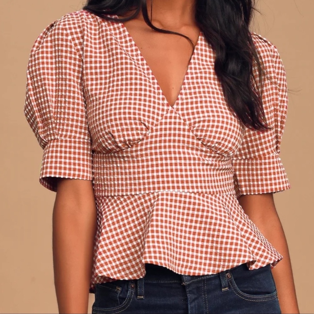 Lulus Red Gingham Puffer Sleeve Top